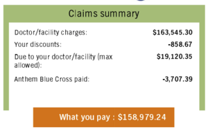 A screenshot of one of my Anthem EOBs after my motorcycle accident. It shows a "You Pay: $160k" line.